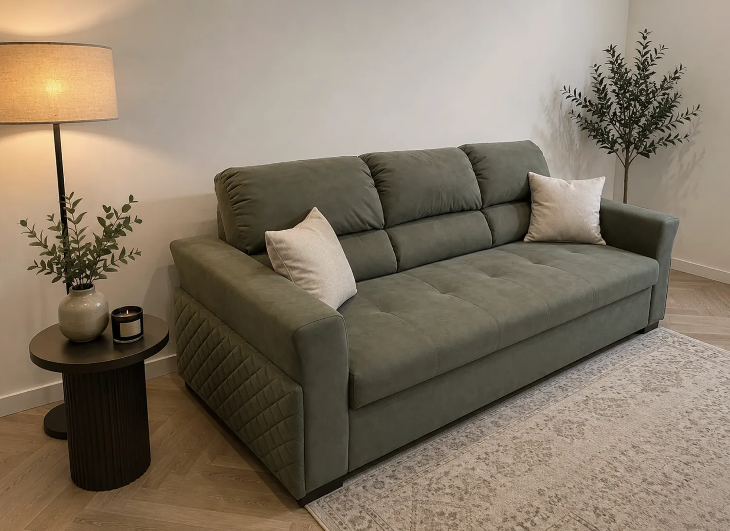 Olive green sofa with adjustable headrests