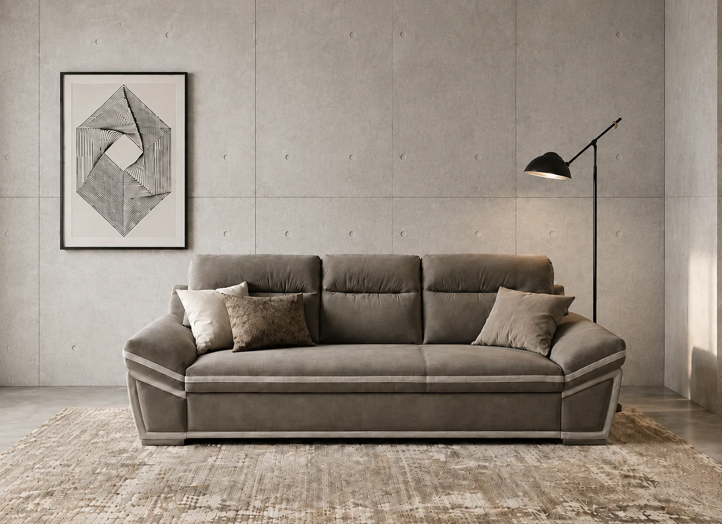 Taupe tufted sofa with scatter cushions against a concrete wall