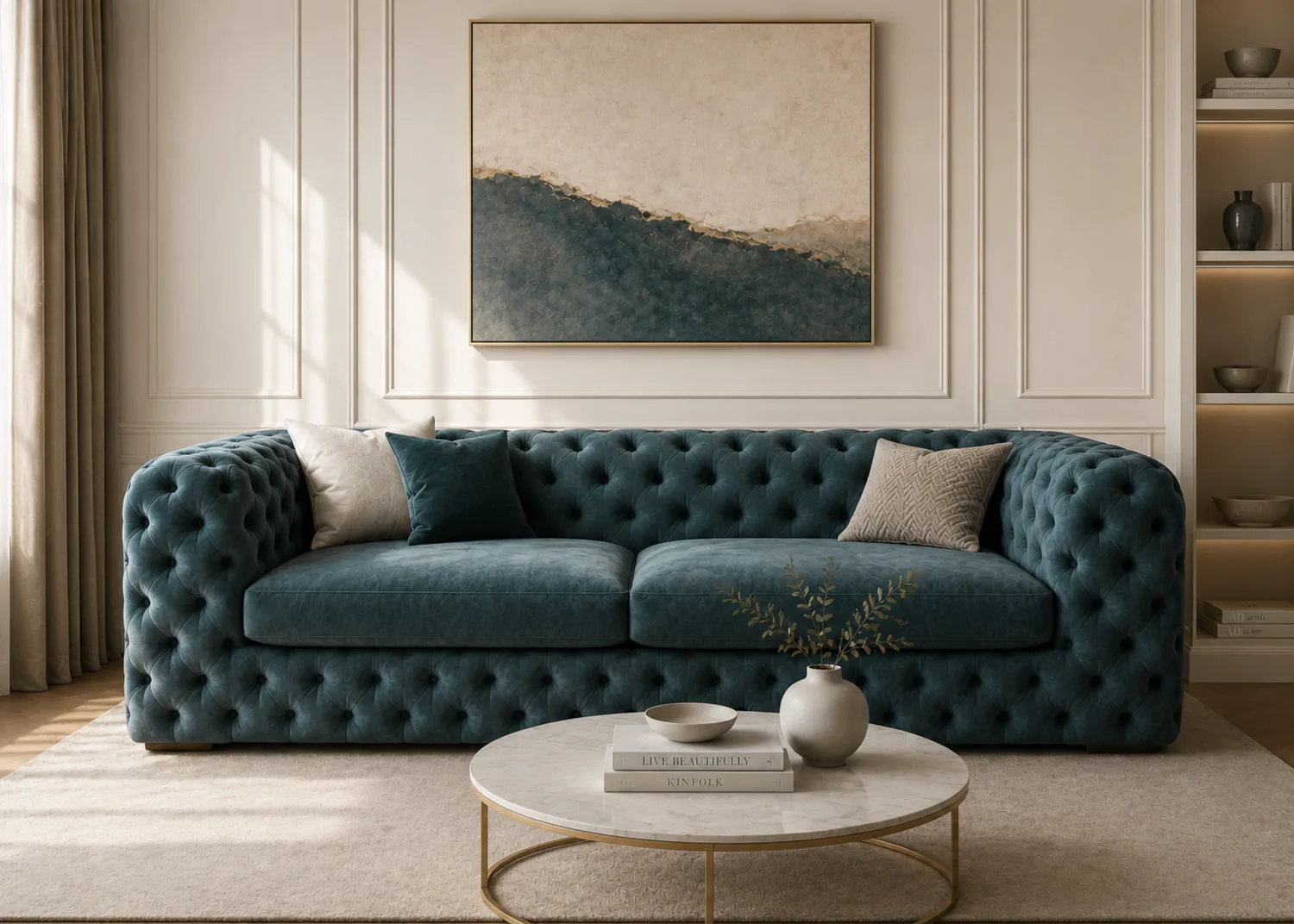 Teal velvet Chesterfield with buttoned back and scroll arms