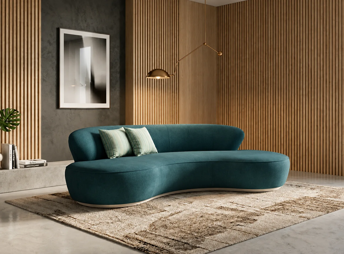 Teal velvet kidney-curved sofa against an oak slatted wall