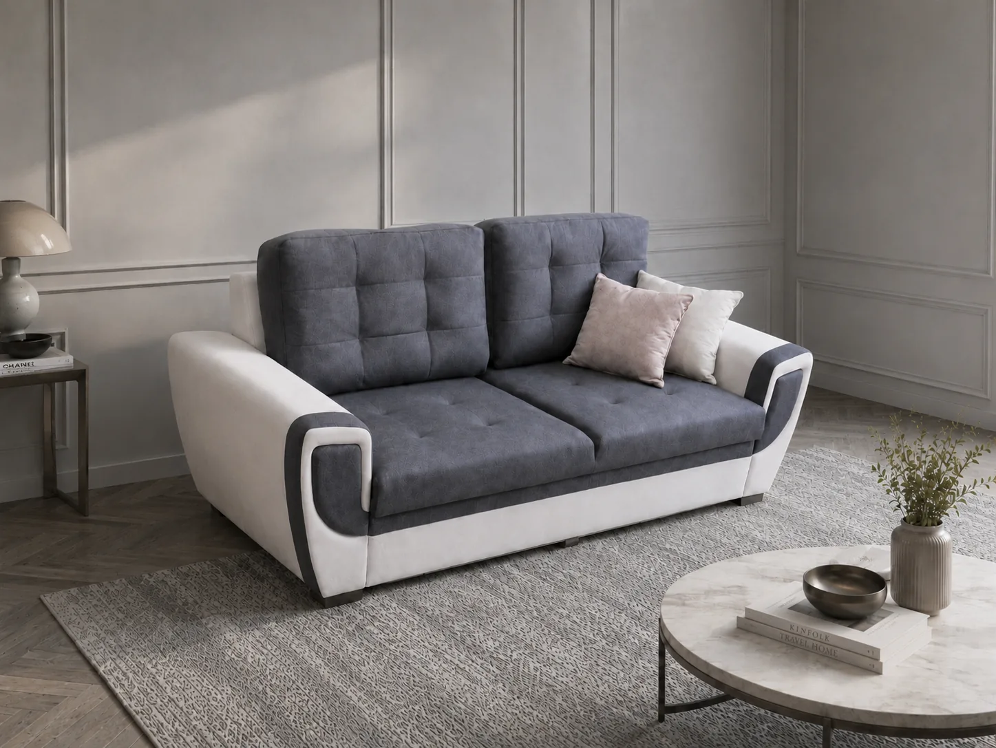 Grey and white two-tone sofa with a curved arm