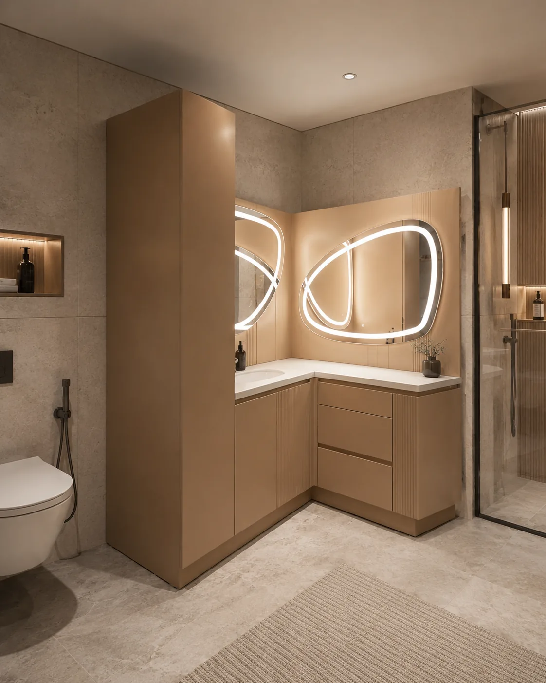 Corner bathroom vanity in timber with sculpted lit mirrors