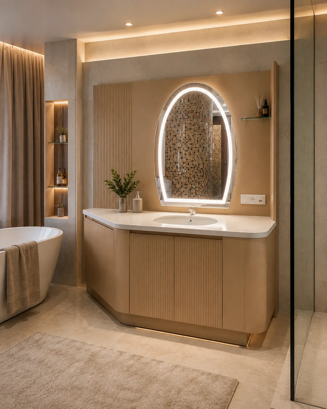 Curved timber bathroom vanity with a backlit mirror