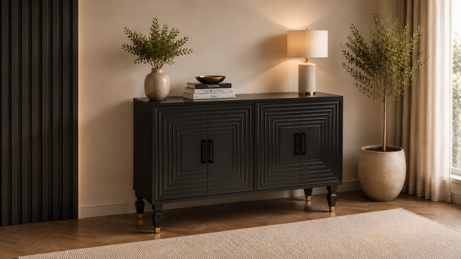 Dark fluted sideboard on slim tapered legs