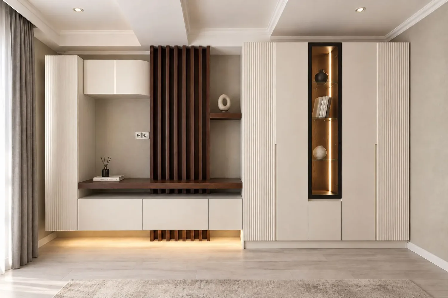 Fluted cream wardrobe wall with a lit display niche and console