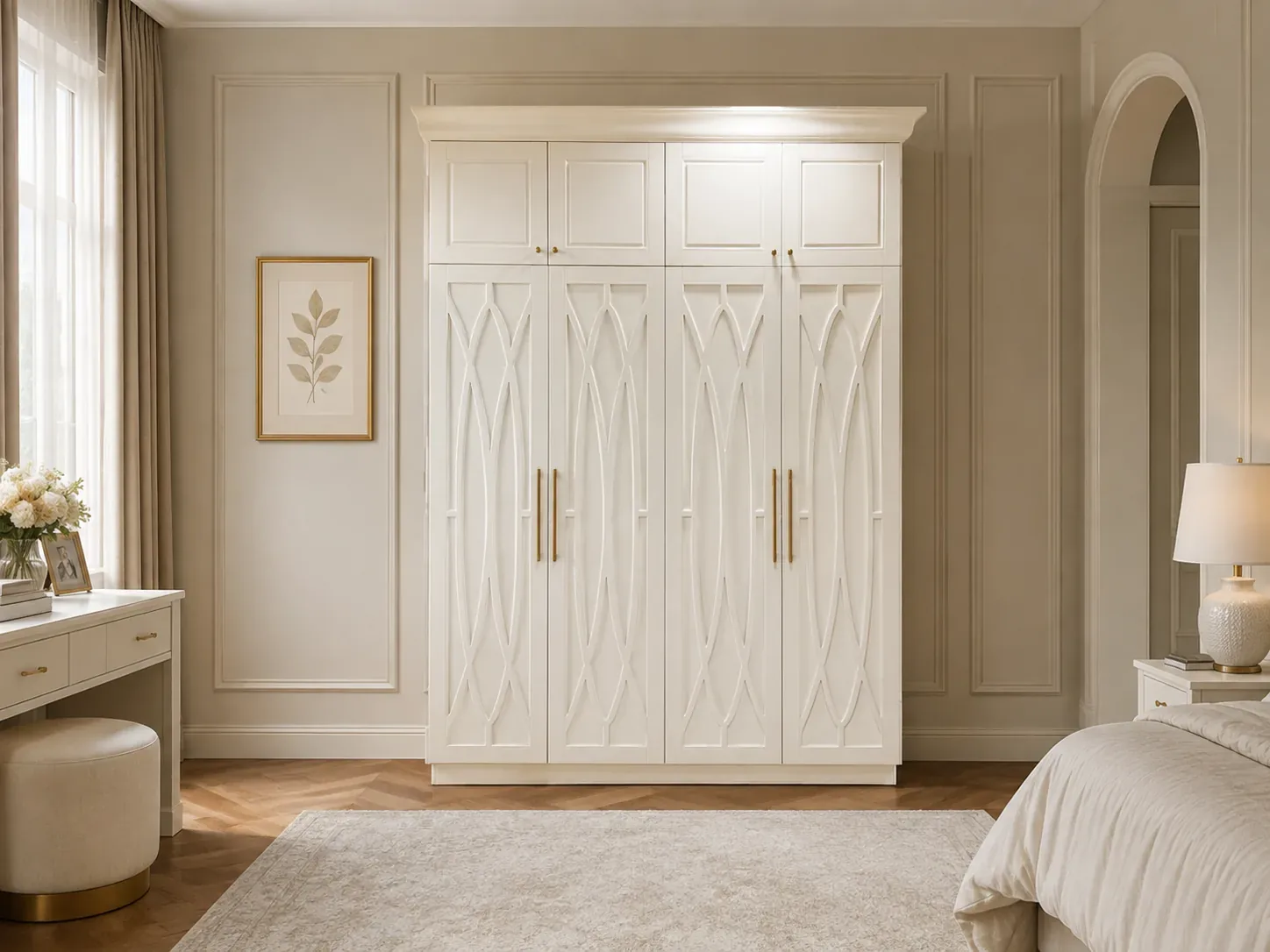 Cream classical wardrobe with arched fretwork door panels