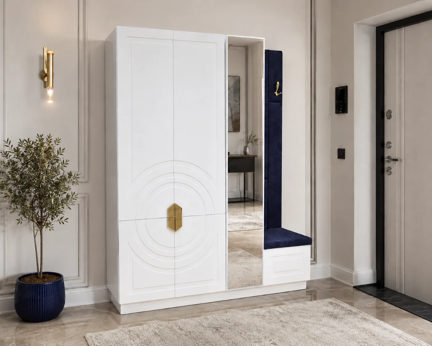 White wardrobe with circular medallion door detail, shown closed, open and in a hallway — in a hallway