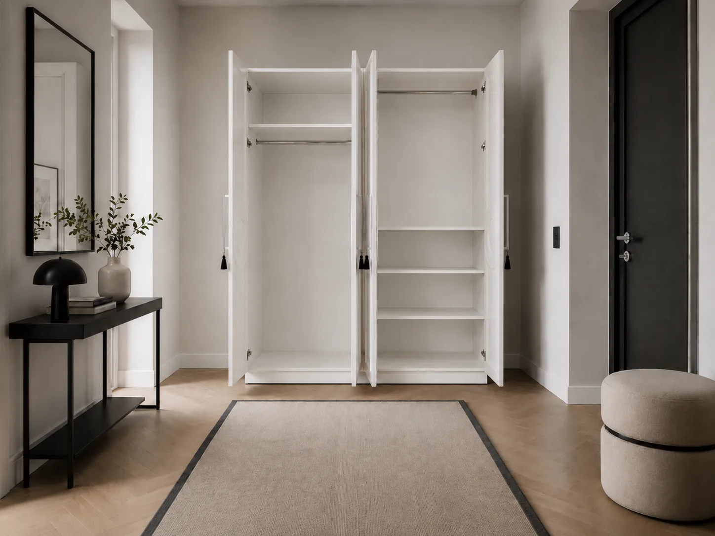 White wardrobe with circular medallion door detail, shown closed, open and in a hallway — fitted interior