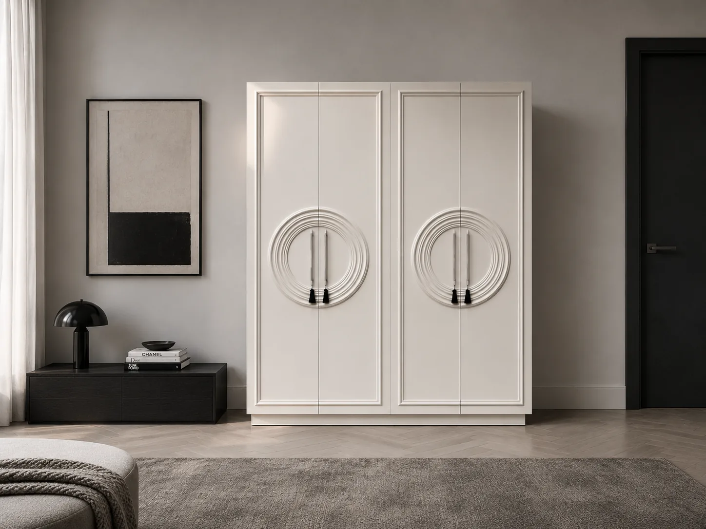 White wardrobe with circular medallion door detail, shown closed, open and in a hallway