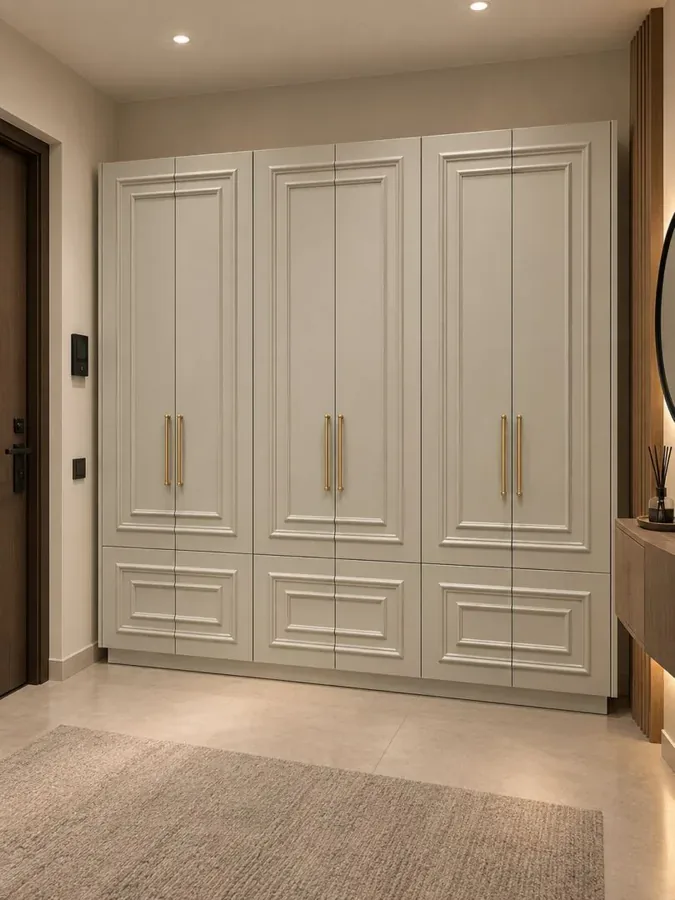 Greige panelled hallway wardrobe in three bays with brass bar handles