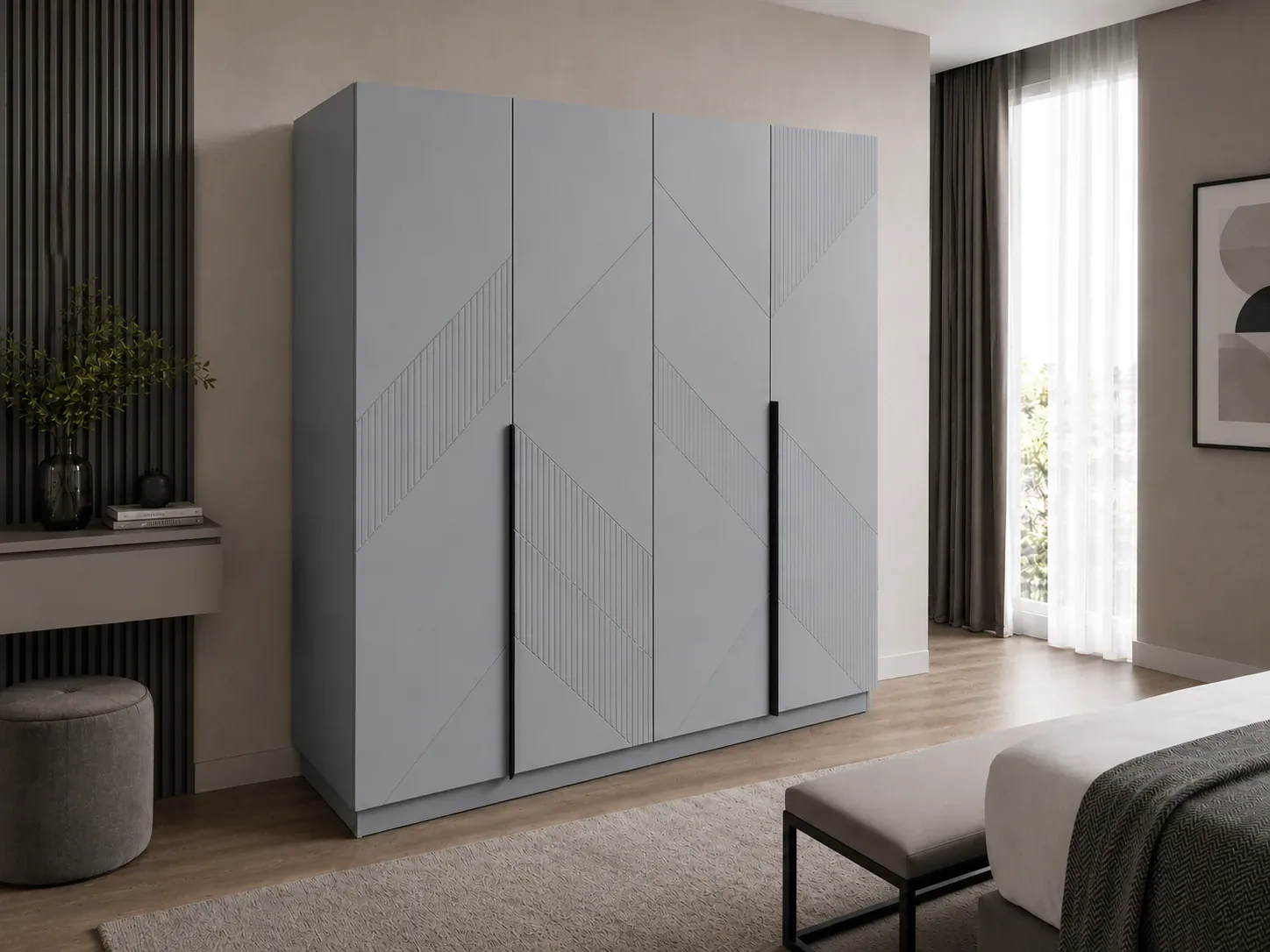 Four-door fitted wardrobe in soft grey with diagonal ribbed panelling