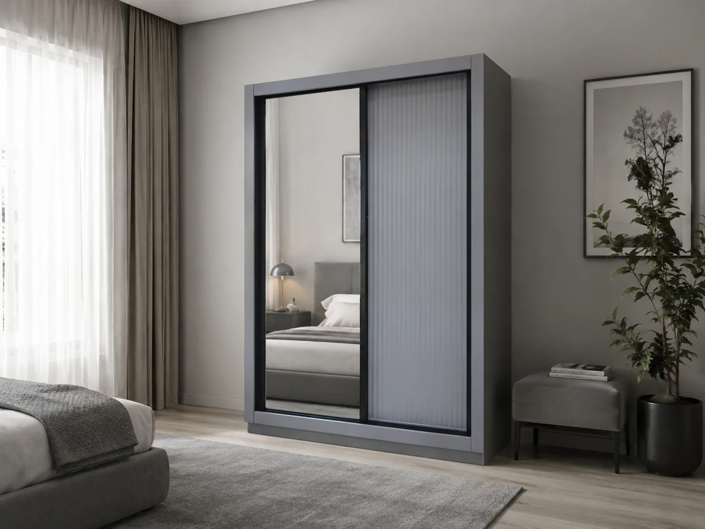 Sliding wardrobe with a full-height mirrored door