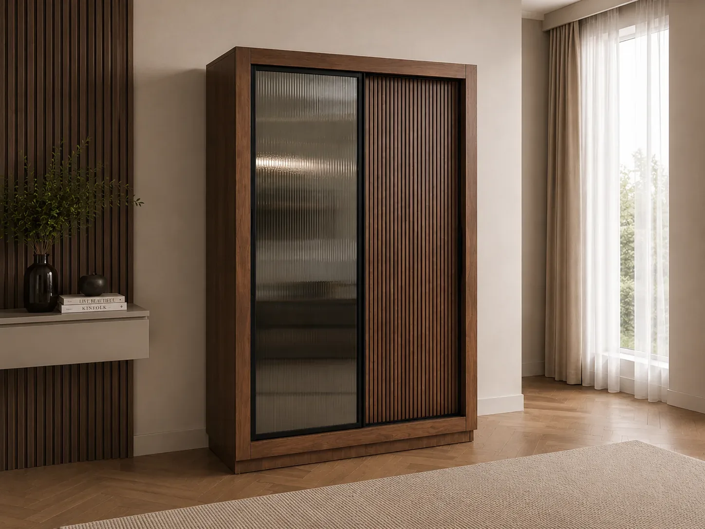 Sliding-door wardrobe in walnut with fluted glass and slatted panels