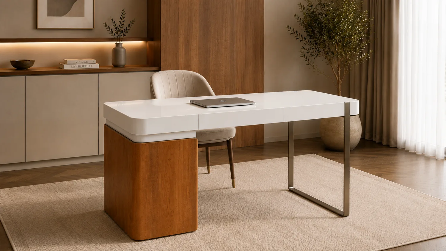 Desk with a stone top and a sculpted timber base