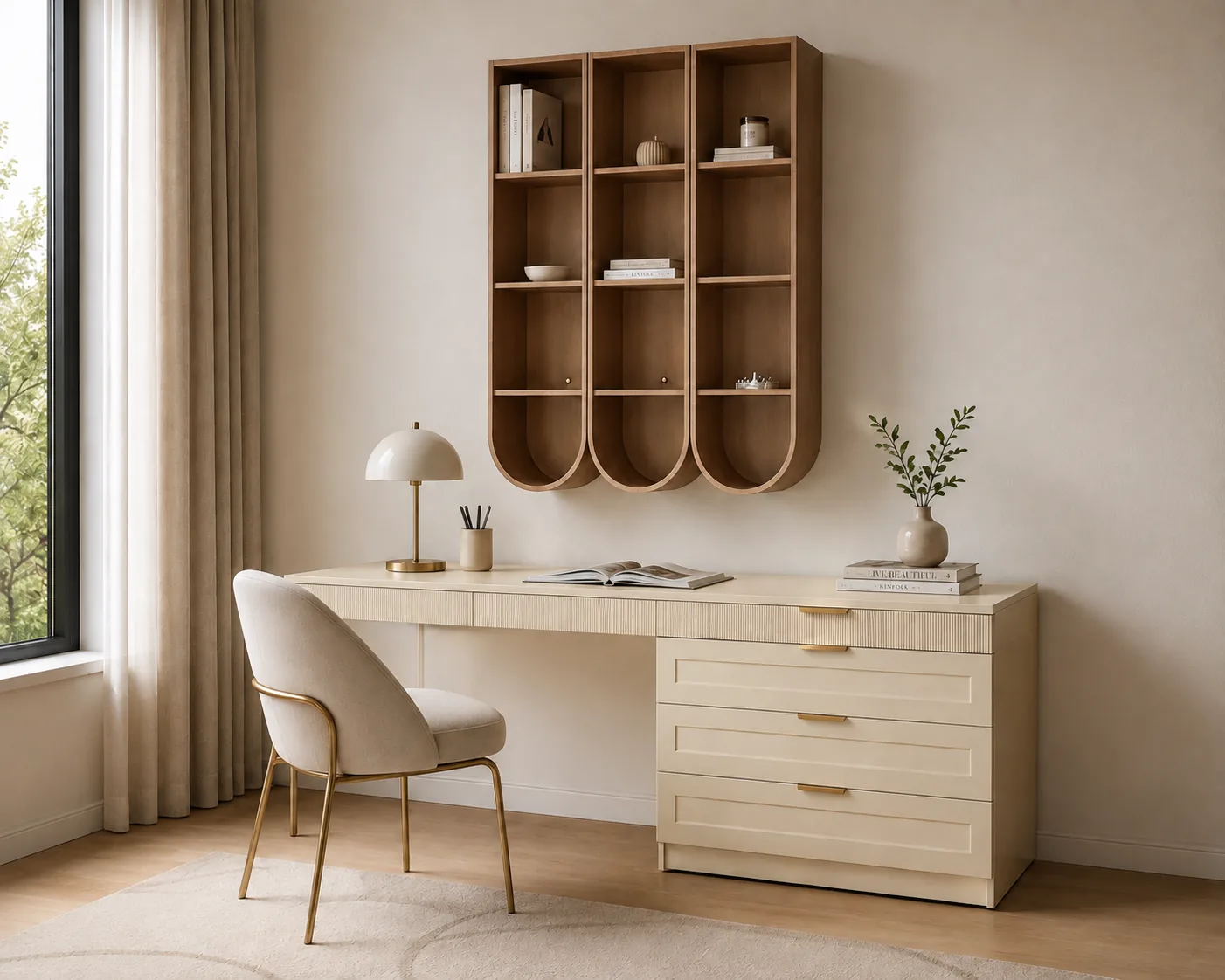 Study run with arched open shelving and a long desk