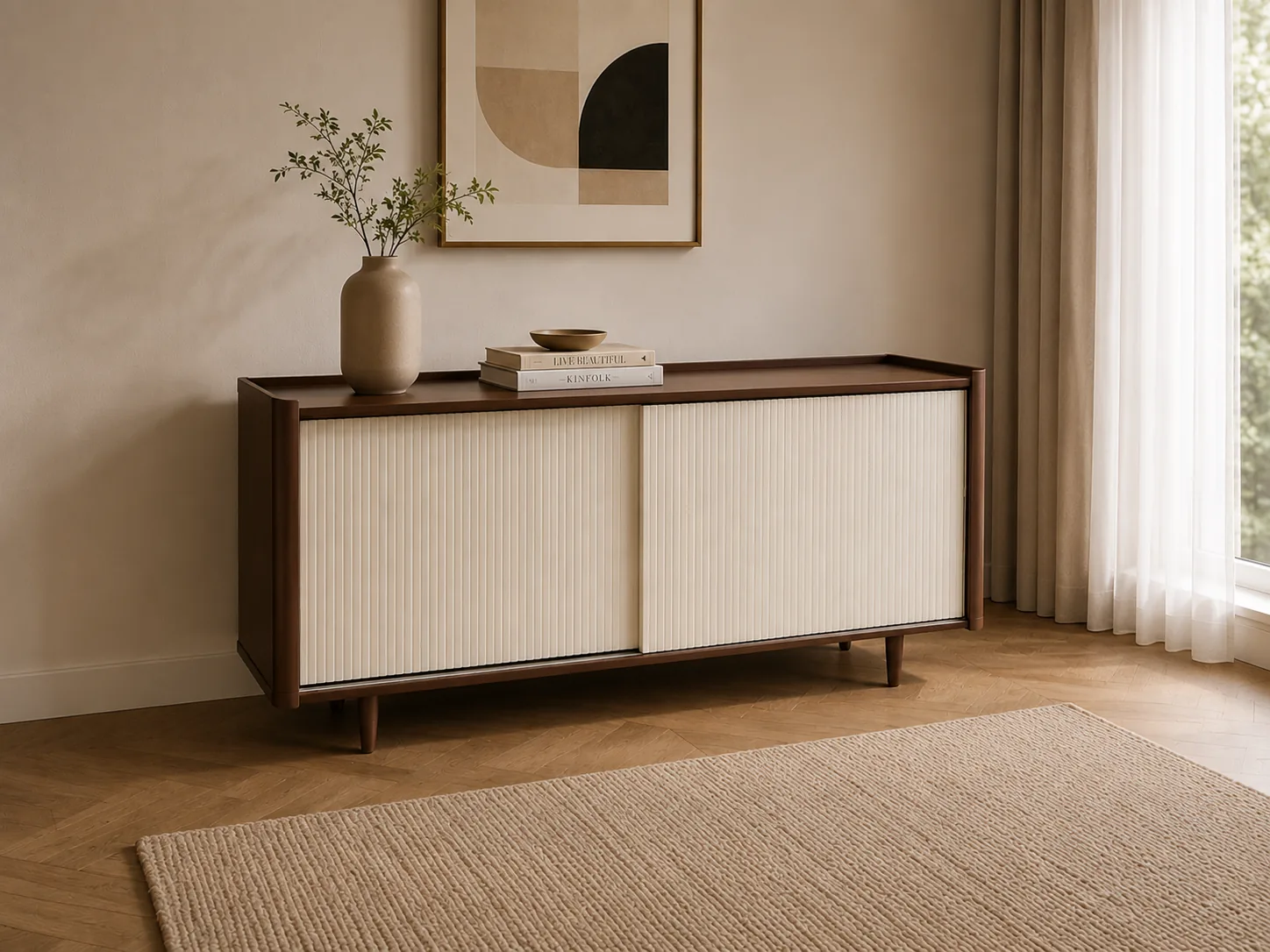 Walnut sideboard with fluted cream sliding doors