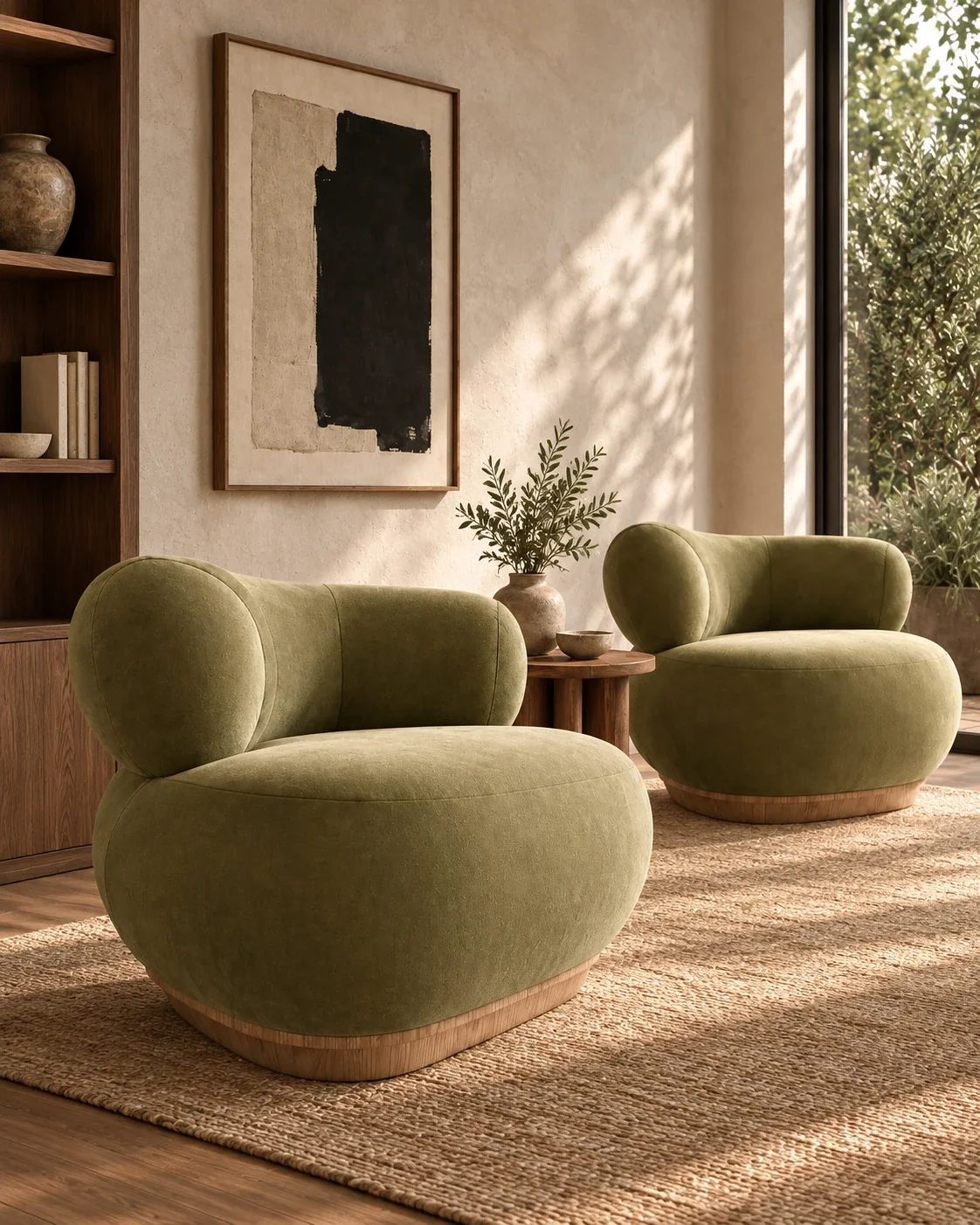 A pair of olive velvet armchairs on timber plinths