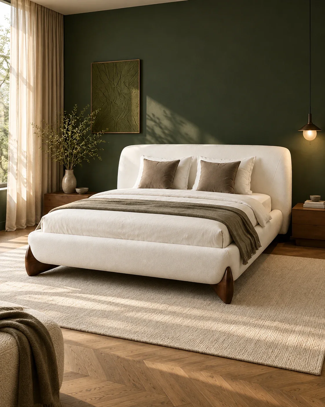 A cream upholstered bed on walnut feet against a deep green wall