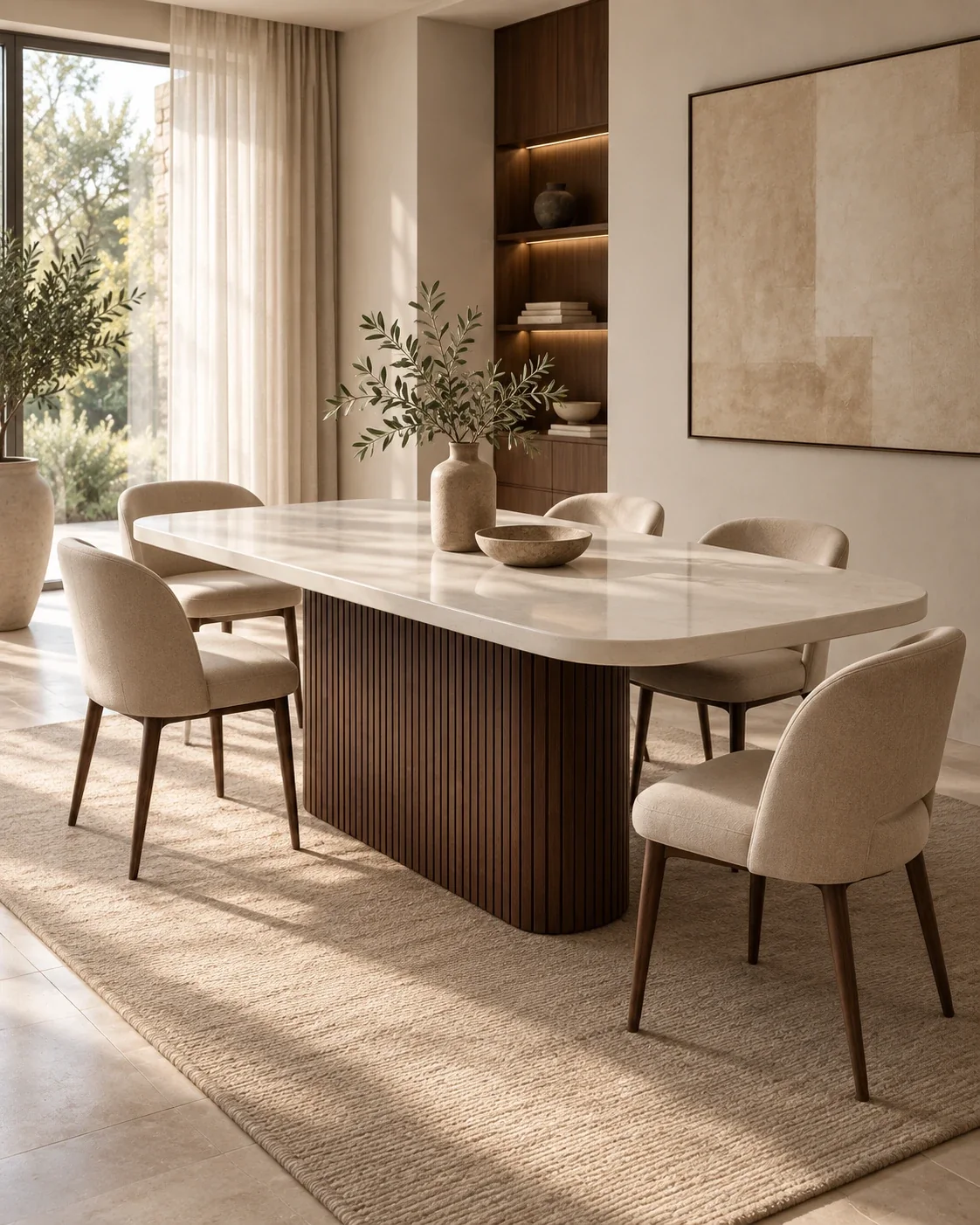 A pale stone dining table on a fluted walnut base, with upholstered chairs
