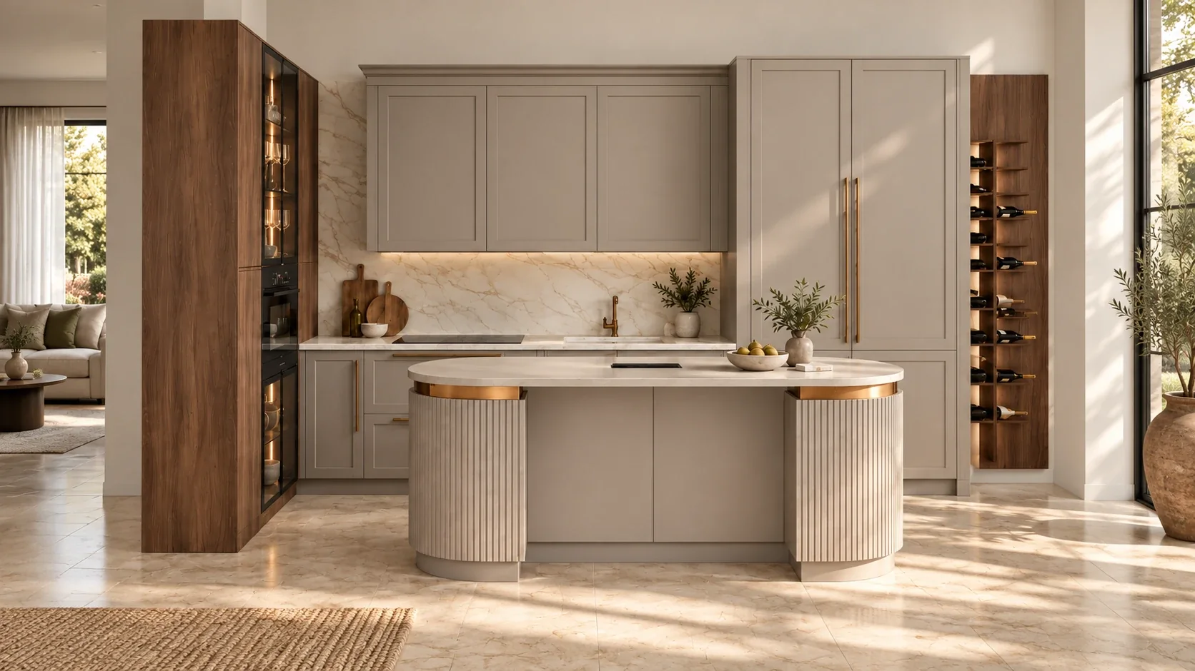 A taupe kitchen with walnut tall units and a fluted curved island