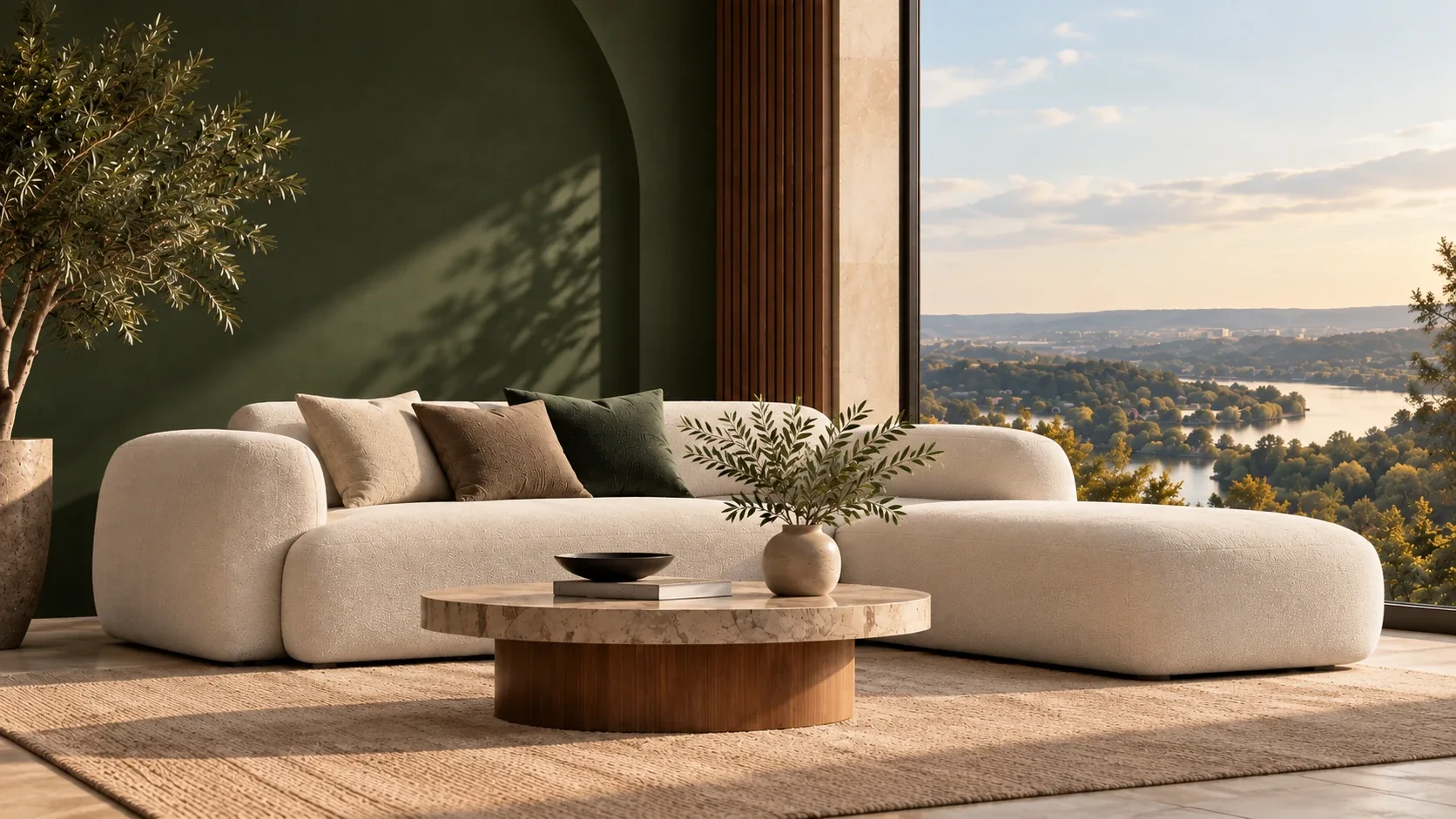 A curved ivory sectional and a round stone table against a green wall, above a river valley