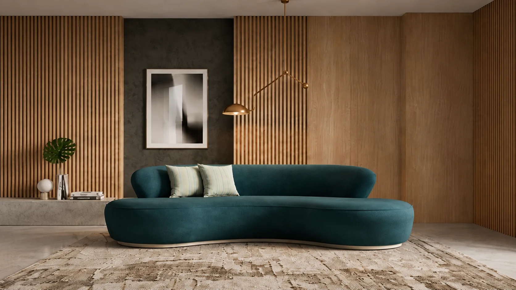Forest velvet on a curved sofa, meeting its pale timber base