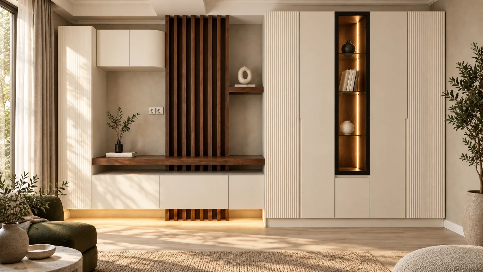 Cream fluted wardrobes with a lit display niche and walnut slats
