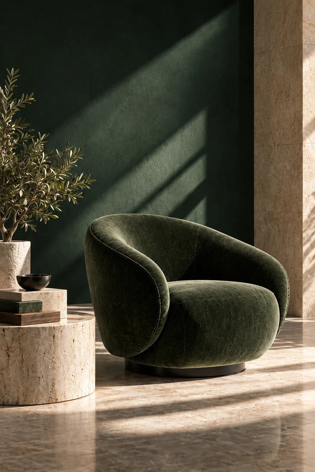 A deep green velvet armchair beside a travertine table, in raking sunlight