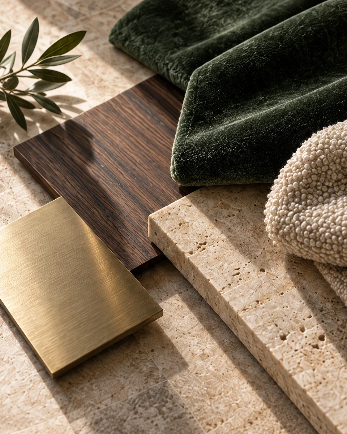 Samples of green velvet, bouclé, dark oak, brushed brass and travertine
