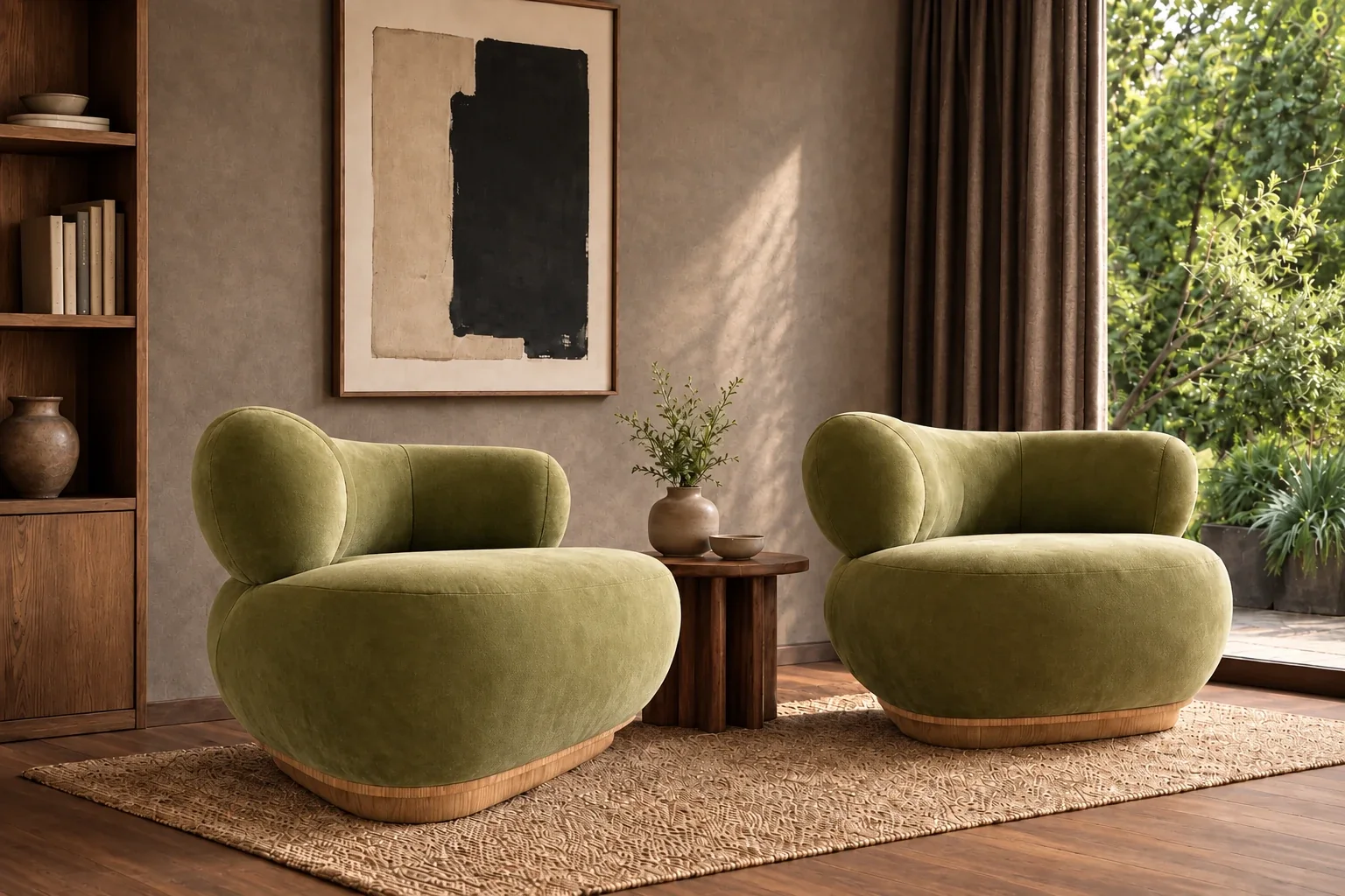 A pair of olive velvet armchairs beside a walnut side table