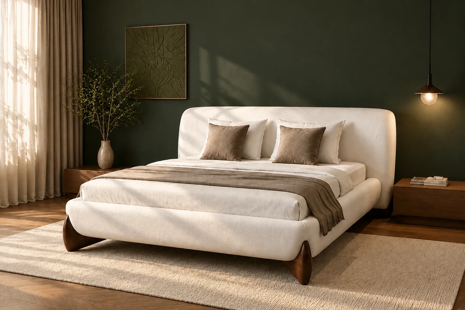 A cream upholstered bed on walnut feet against a deep green wall