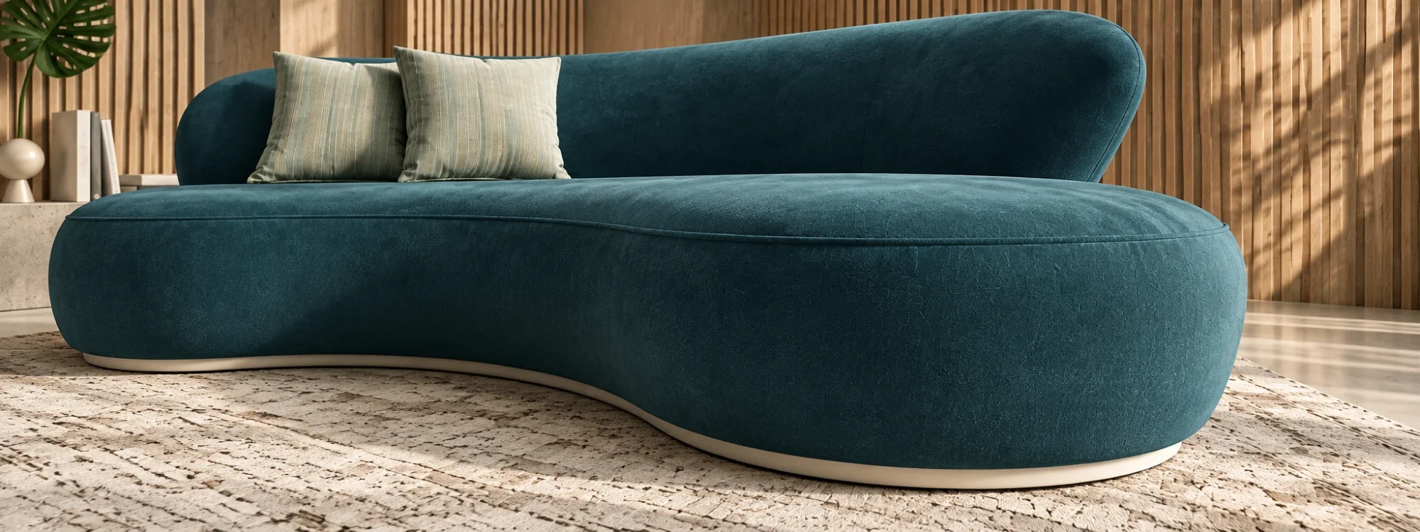 Close view of the sofa’s curve meeting its plinth