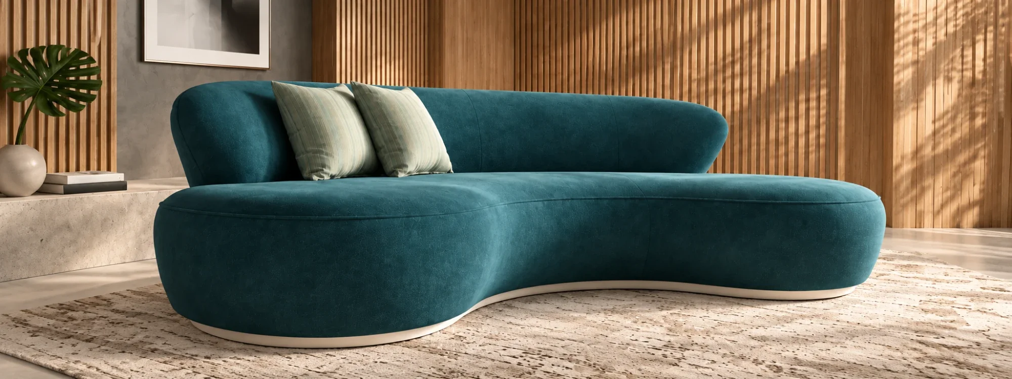 A Creator curved sofa in teal velvet, on a pale plinth