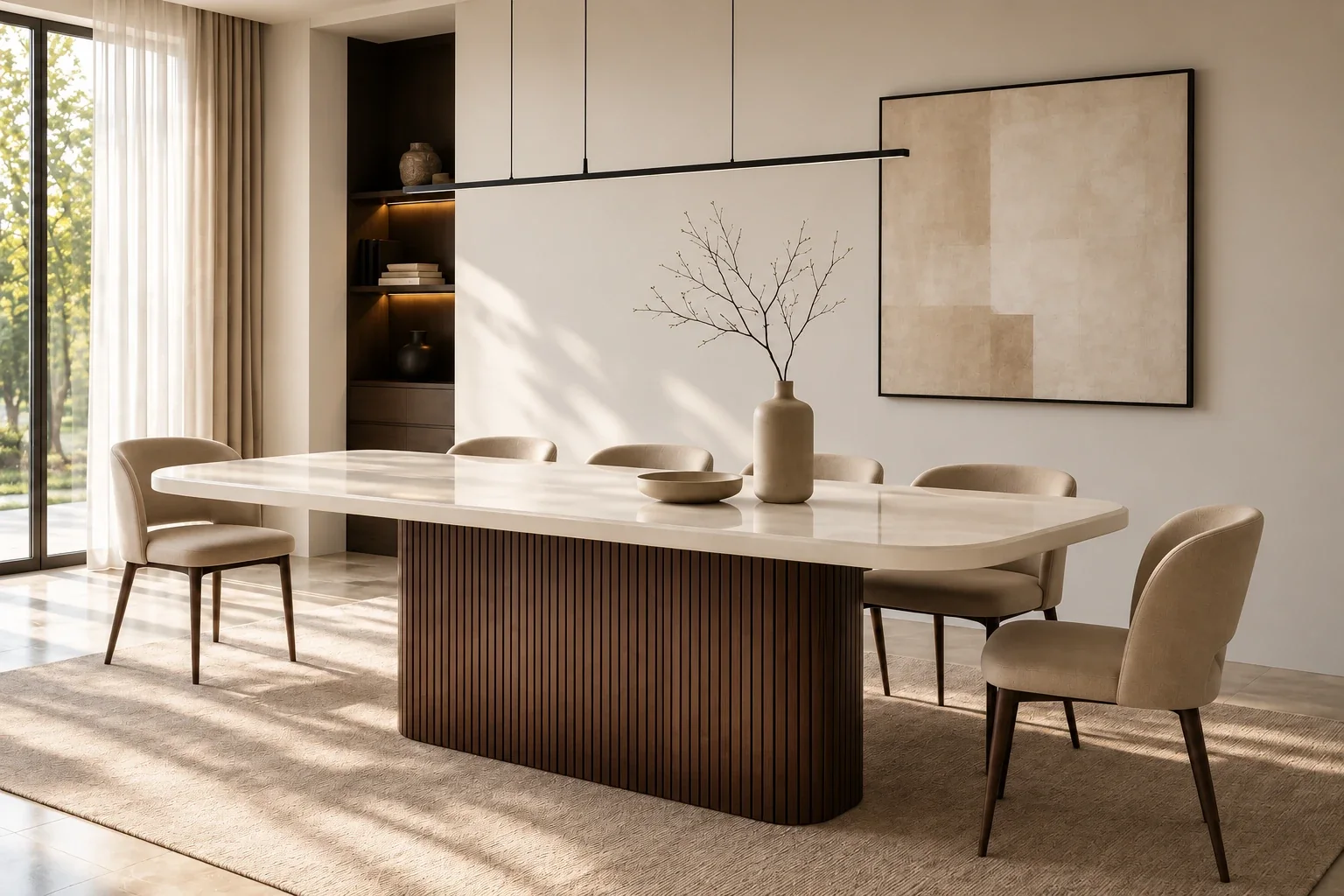 A pale stone dining table on a fluted walnut base
