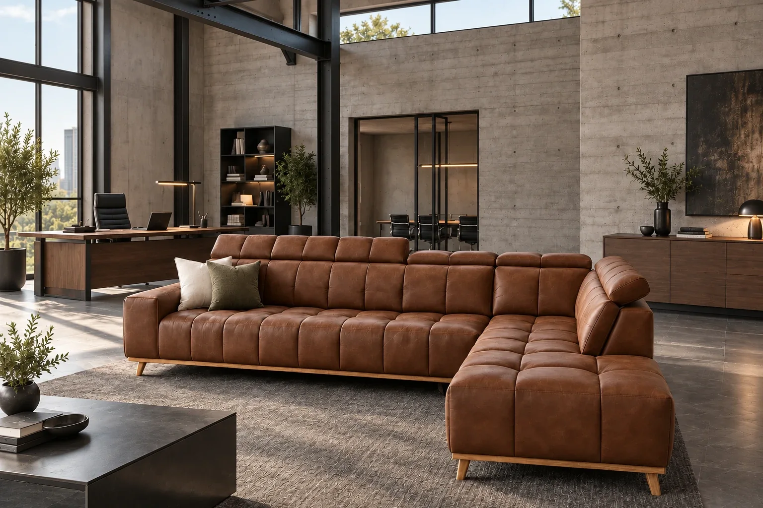 The same sofa in tobacco leather, in a concrete and steel executive lounge
