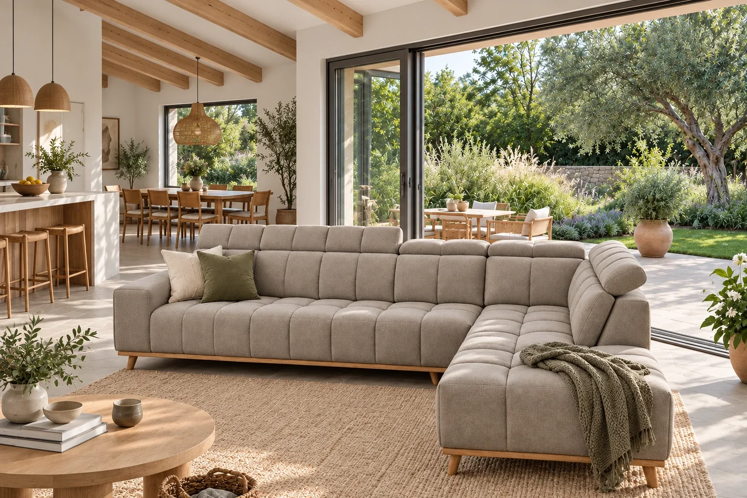 The same sofa in stone linen, opening onto a Mediterranean garden with olive trees