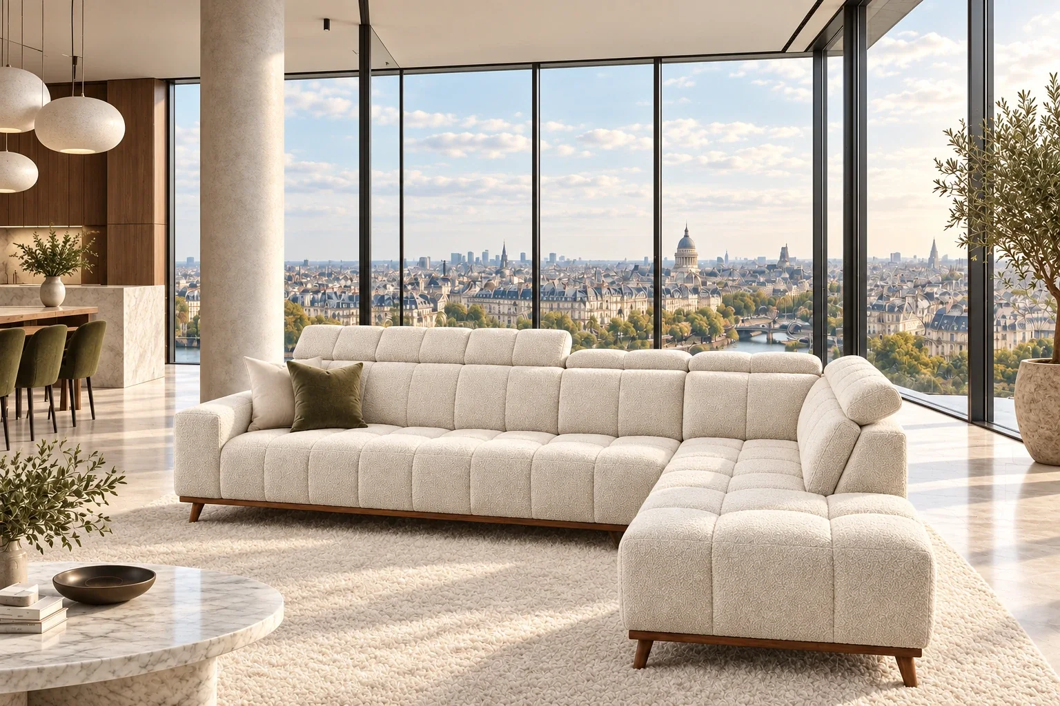 The Creator corner sofa in ivory bouclé, in a glass penthouse above the Paris rooftops