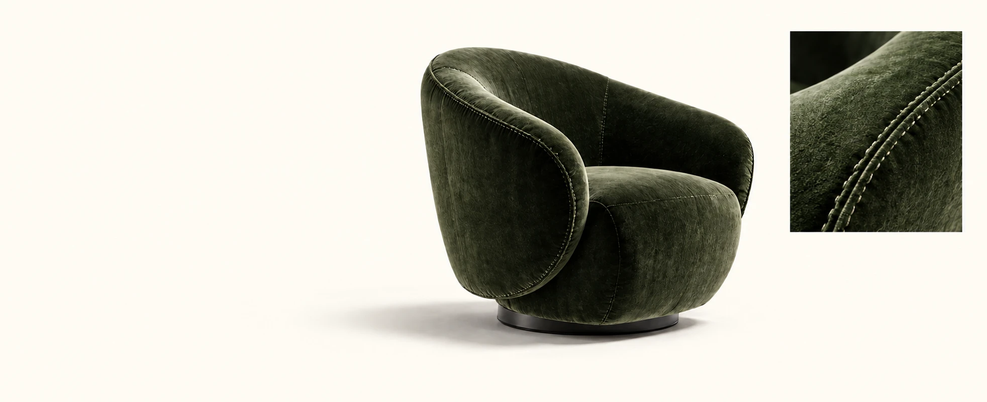 A rounded armchair in deep green velvet on a dark swivel base, with a close-up of its stitched seam