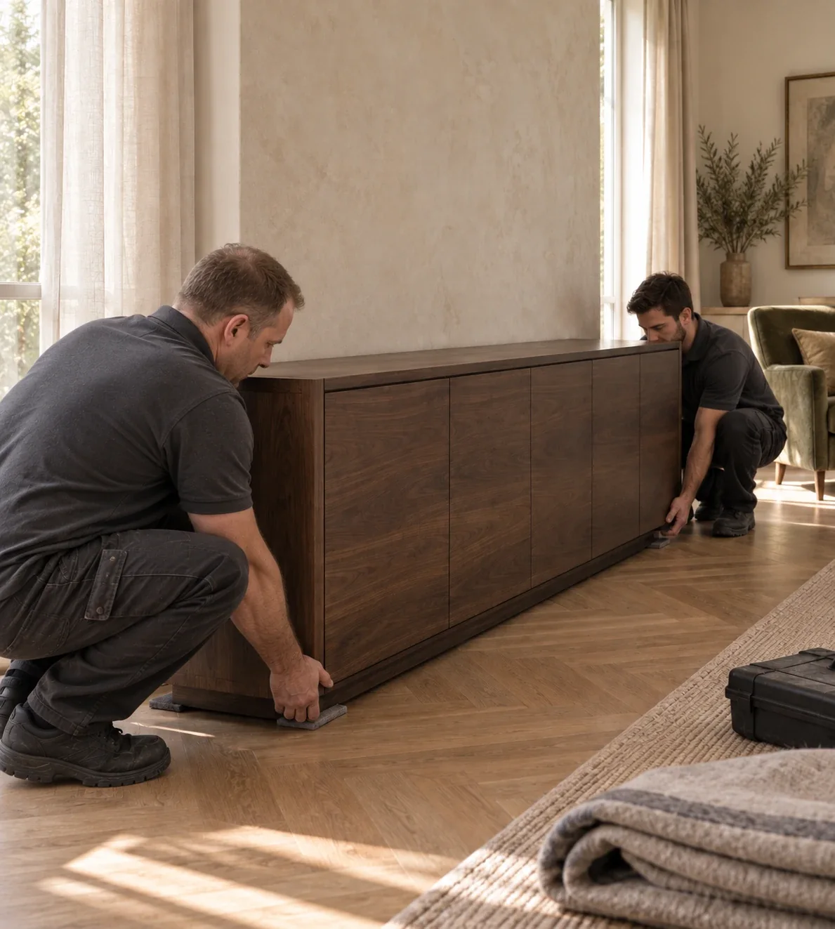 Two of the team setting a walnut sideboard in place in a client’s living room