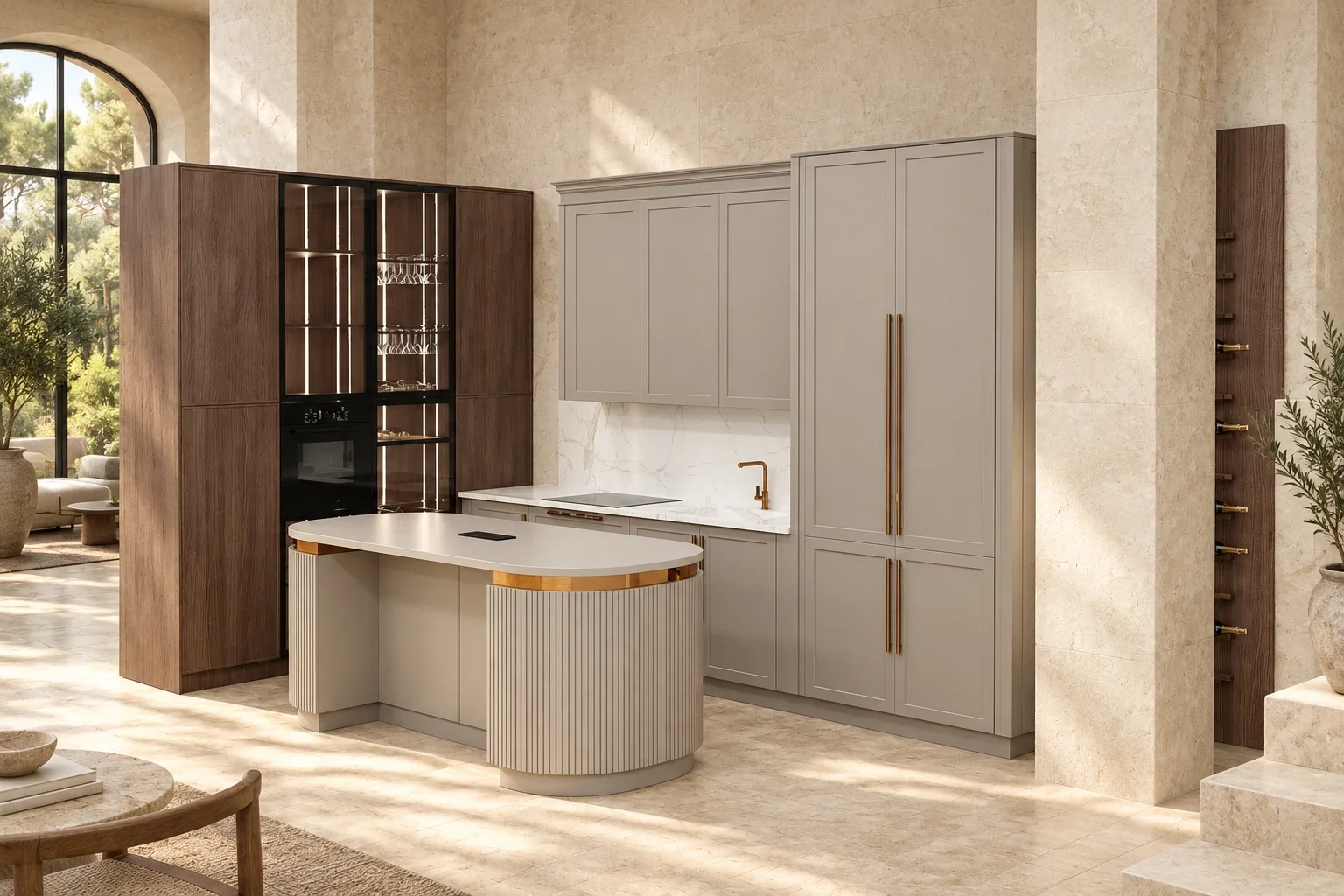 A walnut and taupe kitchen with a fluted curved island