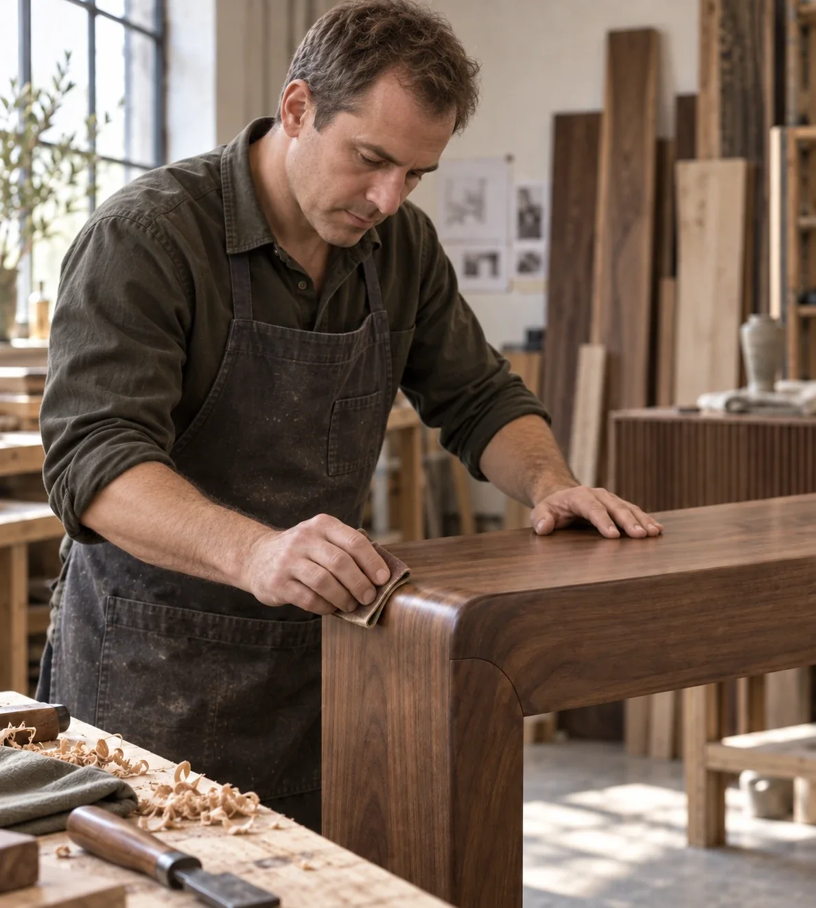 A craftsman hand-finishing the edge of a walnut piece in the workshop