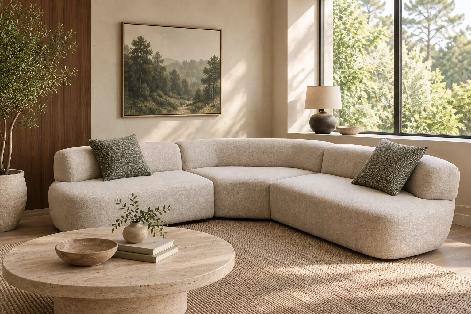A curved cream sectional sofa with a round travertine table