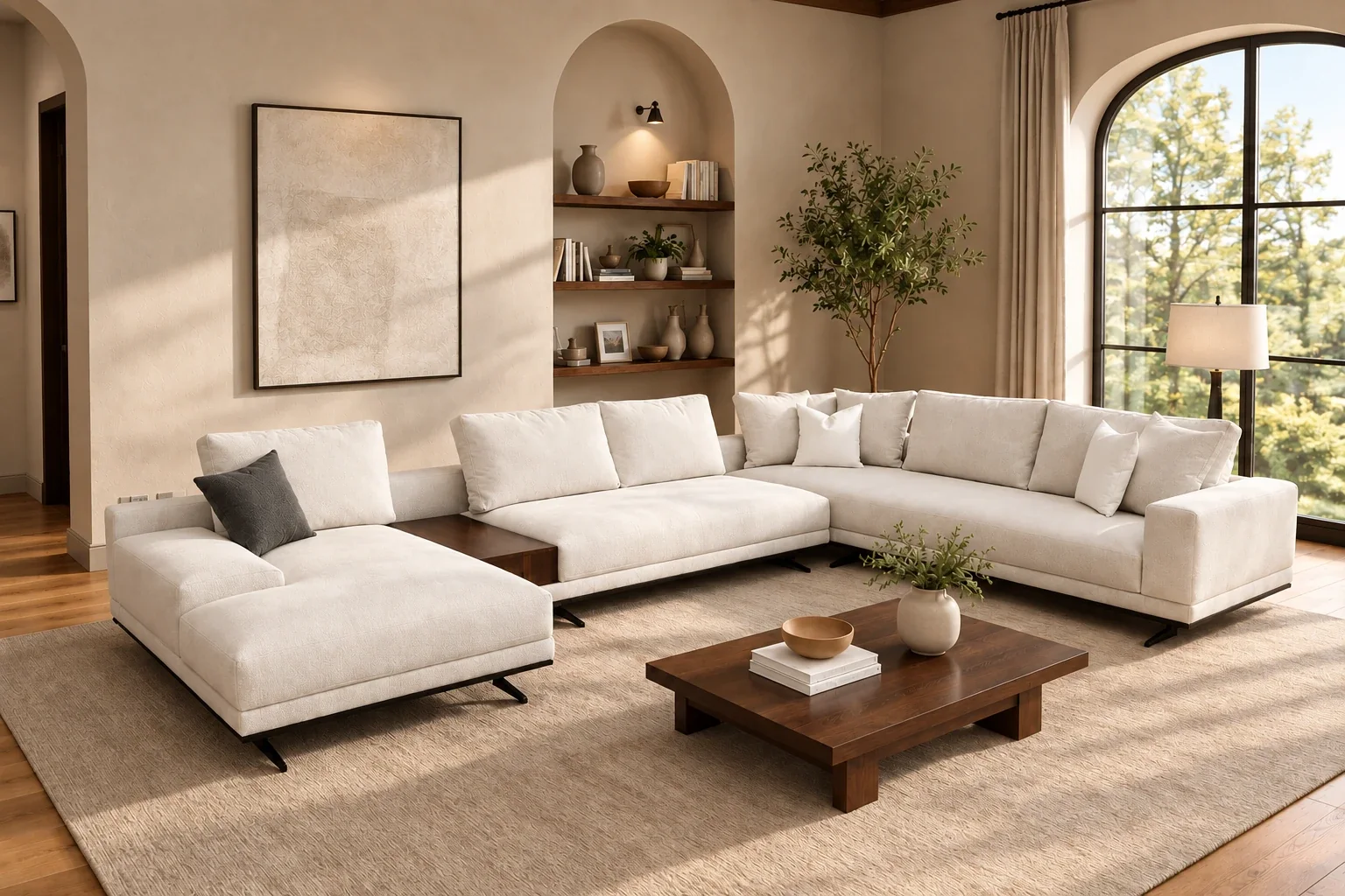 A 3D visualisation of an ivory sectional in a warm plaster room