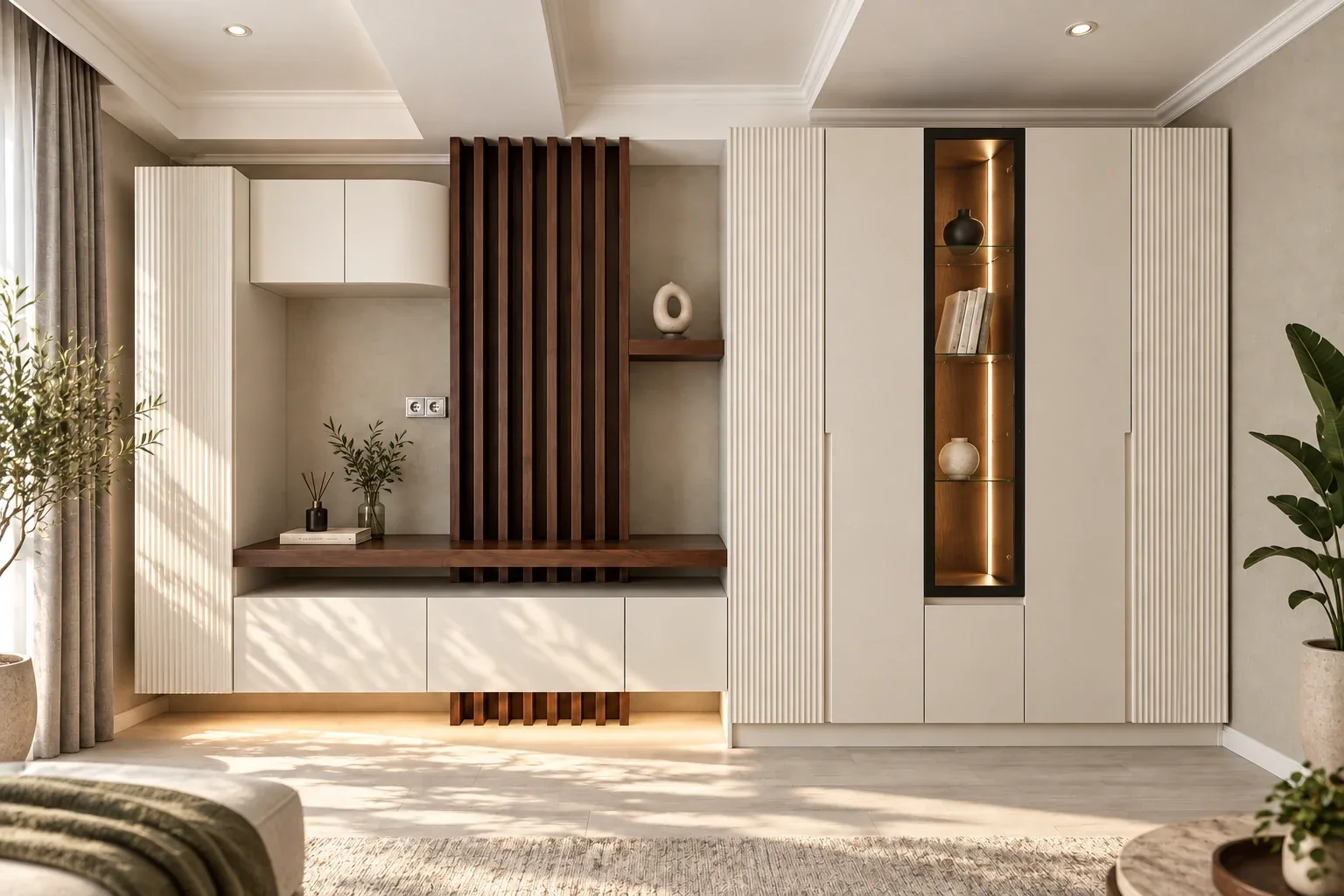 Cream fluted fitted wardrobes with a lit display niche and walnut slats