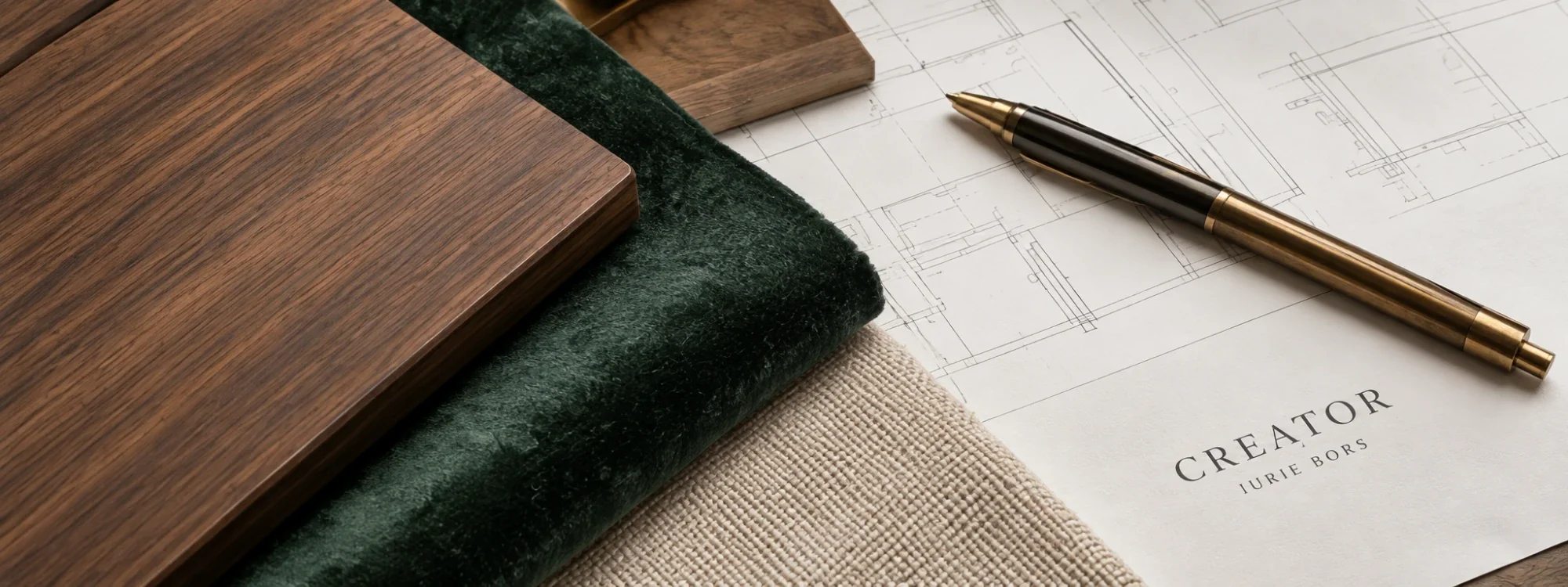 Walnut, green velvet and a drawing with a brass pen on a desk