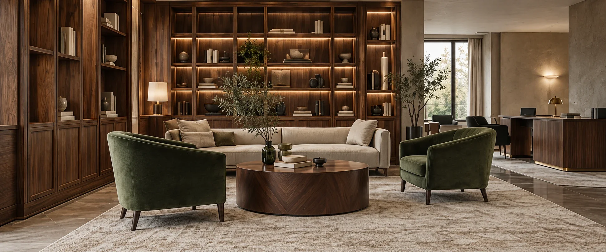 A furnished lounge: walnut cabinetry, green upholstered armchairs and a round timber table