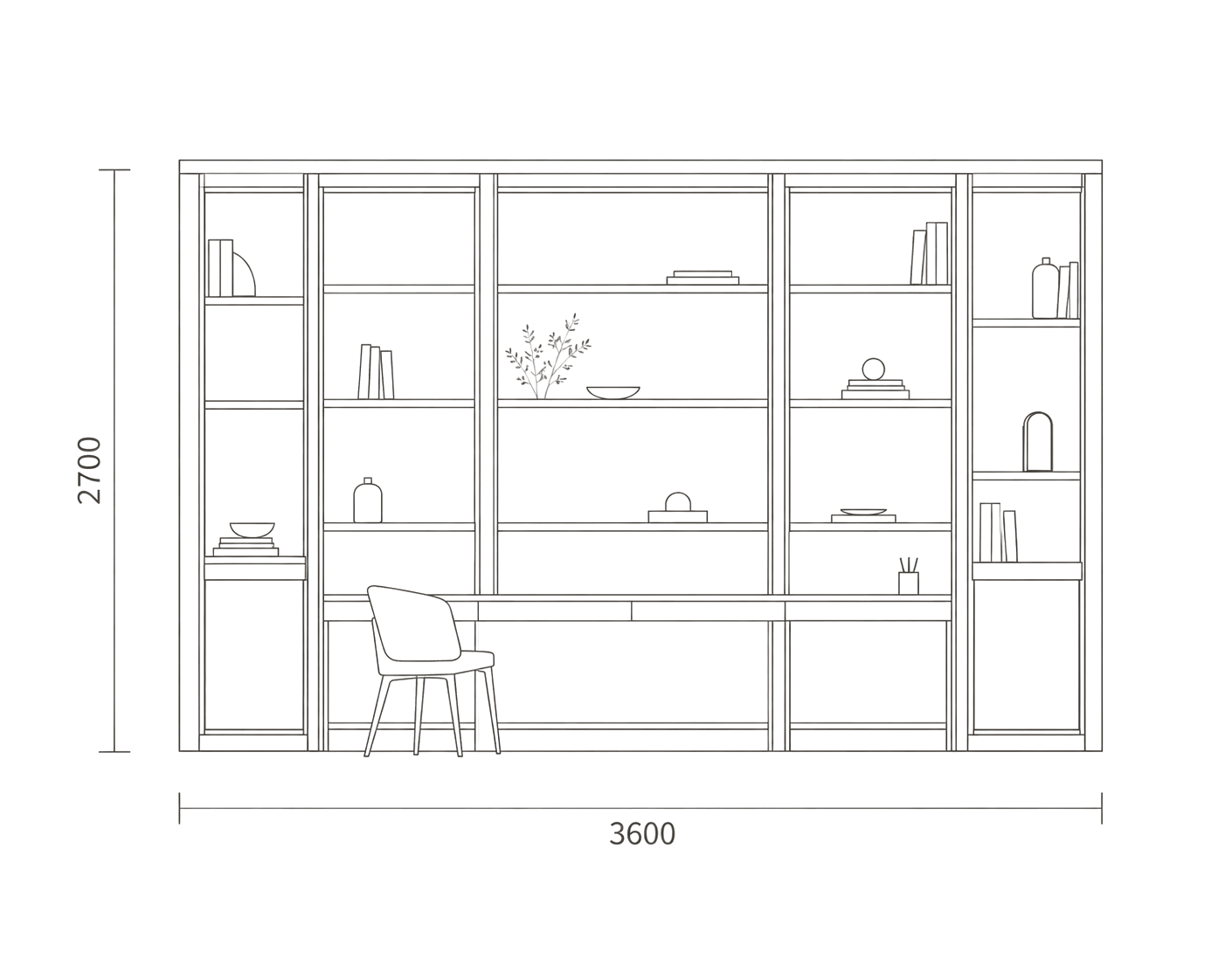Elevation drawing of a shelving wall with a desk, 3600 by 2700 millimetres