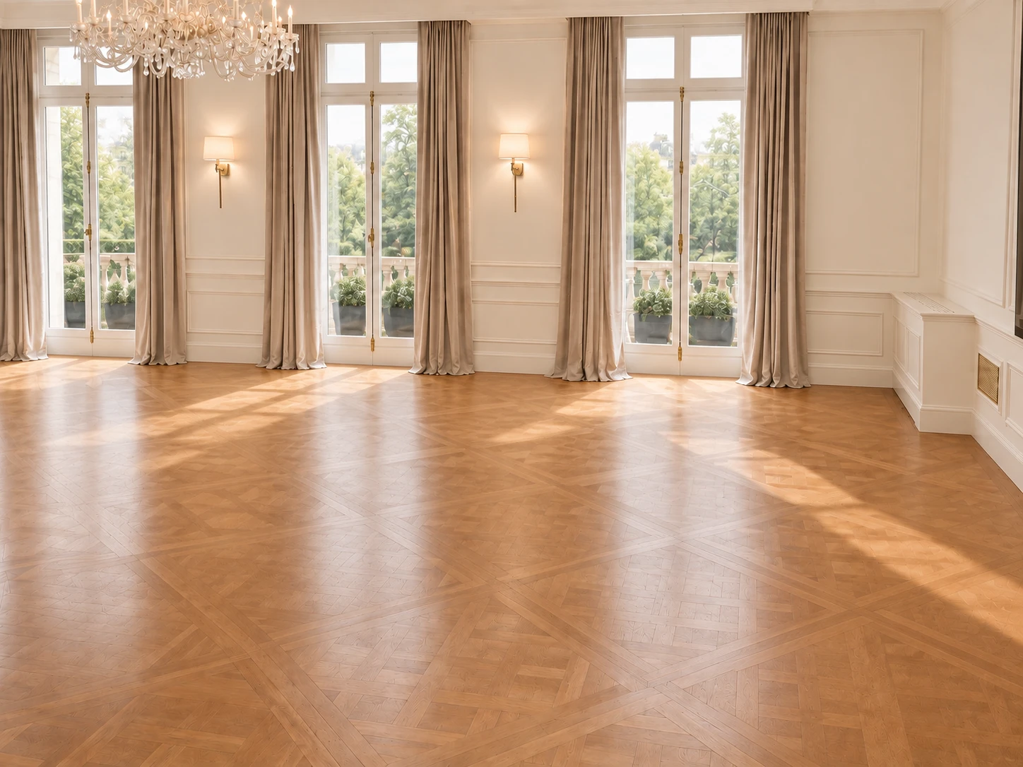 The same room before it was furnished: bare parquet under the chandelier and French windows