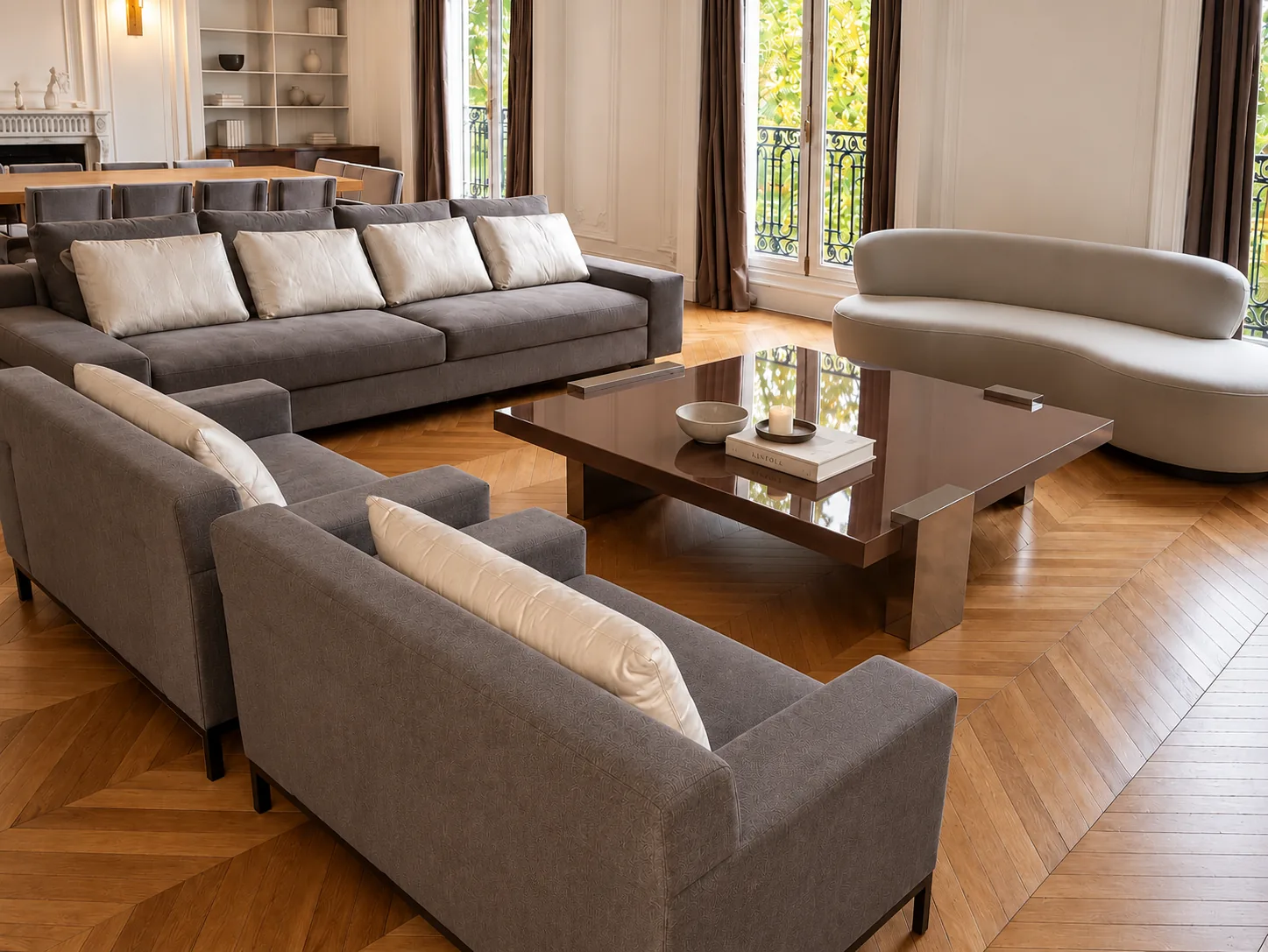 Two grey sofas and a curved sofa around a lacquered coffee table in a tall drawing room