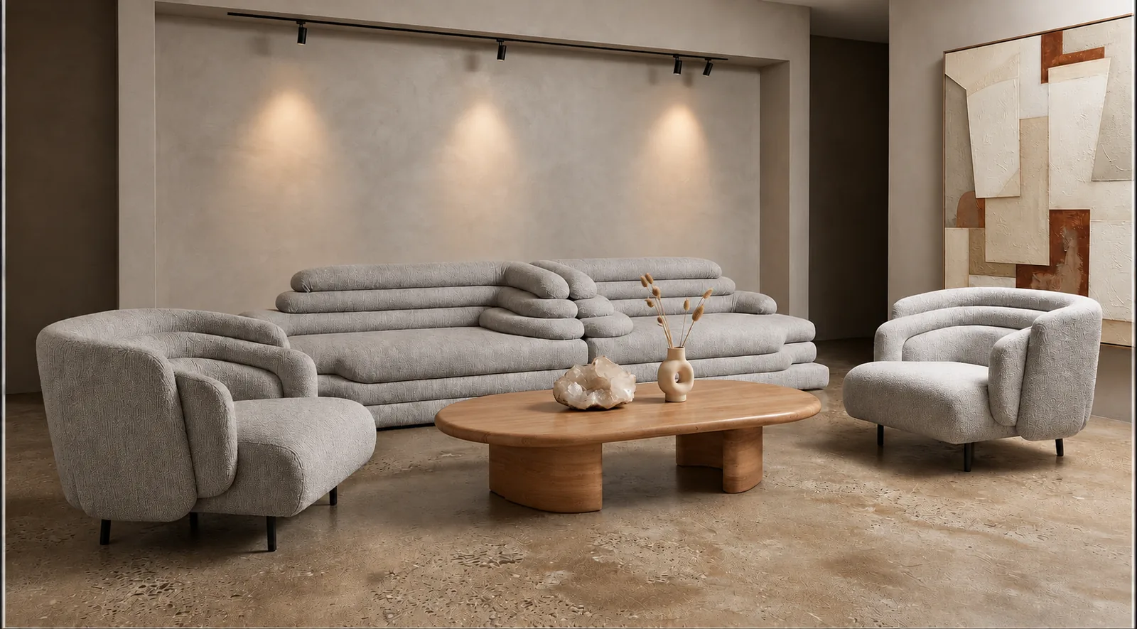 A sculpted grey sofa and two rounded armchairs around a timber coffee table, under gallery lights
